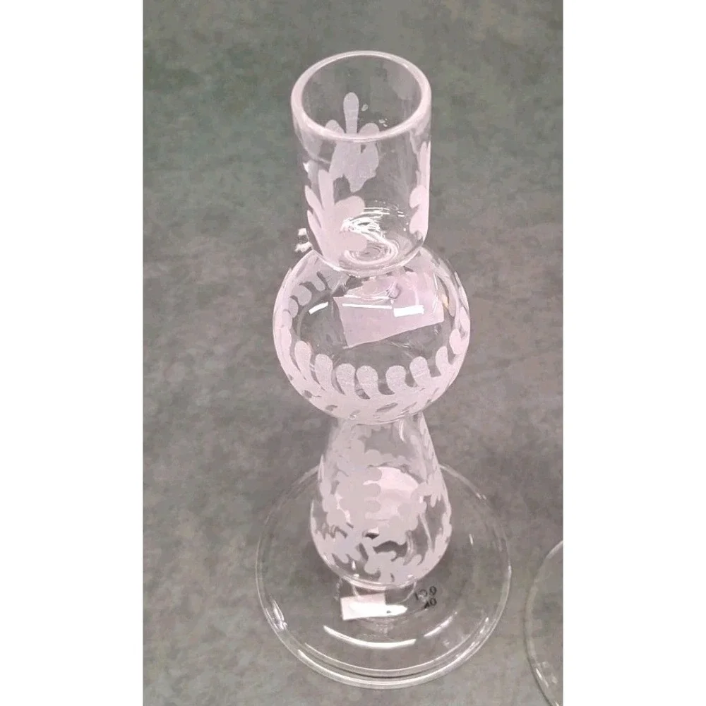 Pottery Barn Set of (2) Etched Glass Taper Candle Holders 8-1/4 Inches Tall- NWT